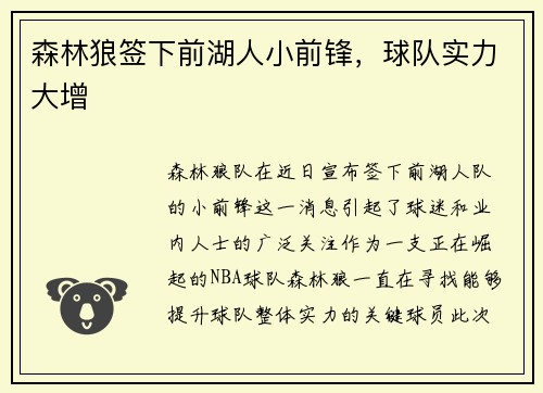 森林狼签下前湖人小前锋，球队实力大增