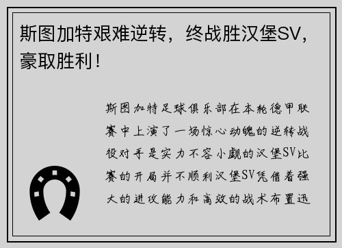 斯图加特艰难逆转,终战胜汉堡SV,豪取胜利!