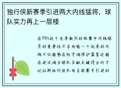 独行侠新赛季引进两大内线猛将,球队实力再上一层楼