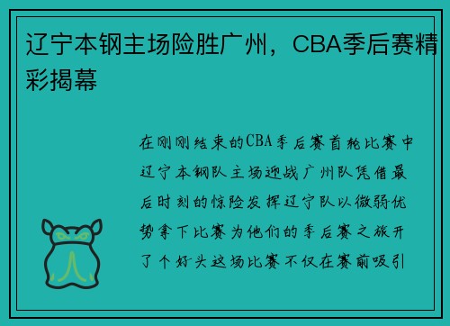 辽宁本钢主场险胜广州,CBA季后赛精彩揭幕