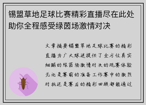 锡盟草地足球比赛精彩直播尽在此处助你全程感受绿茵场激情对决